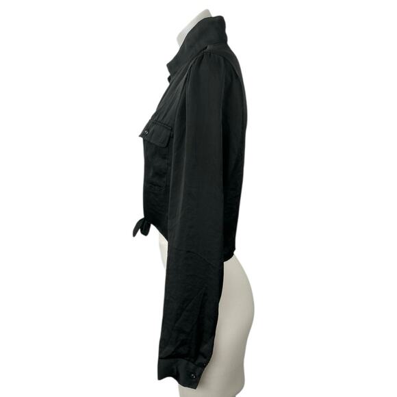 Urban Outfitters Black Satin Bow Tie Front Button Long Sleeve Crop Shirt Top M - Picture 2 of 5
